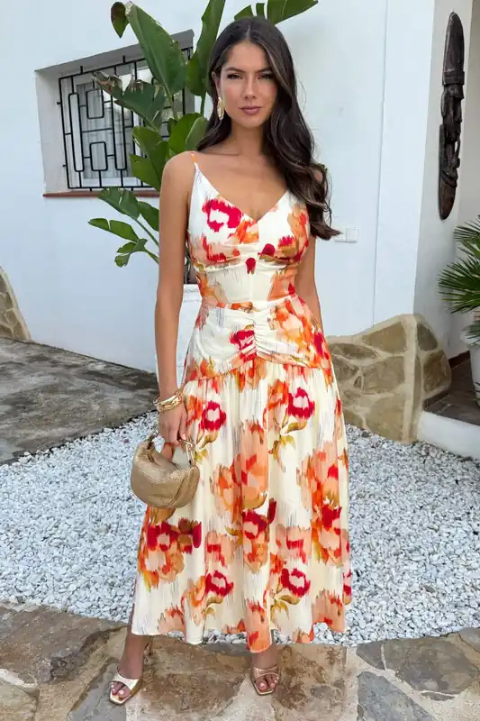 Multi Smudge Floral Print Open Back Ruched Detail Midi Dress - AX Paris
