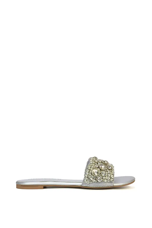 Brielle' Metallic Slip On Diamante Flat Sandal Sliders - XY London
