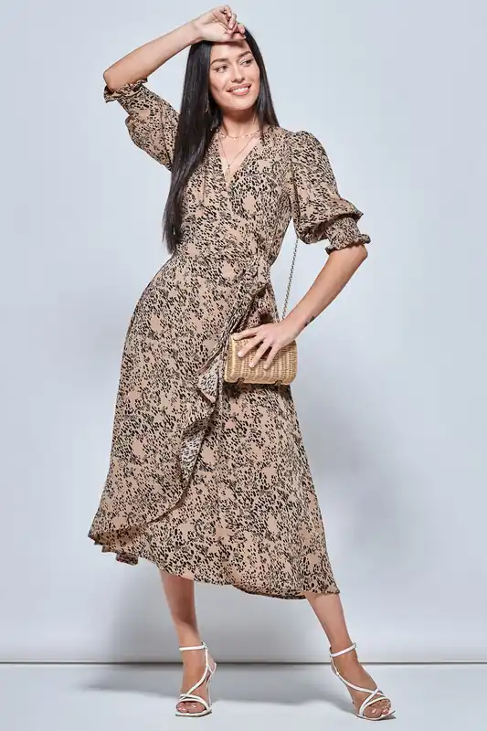 Animal Print Crepe Wrap Midi Dress - Jolie Moi