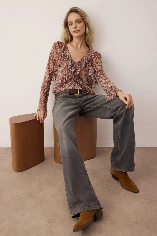 Animal Print Ruffled Tie Detail Long Sleeve Blouse - WOVCOR