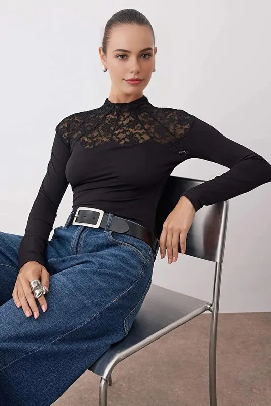High Neck Lace Panel Long Sleeve Party Blouse - WOVCOR