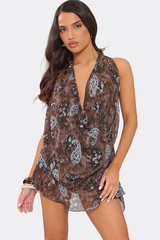 Sleeveless Halter Neck Drape Paisley Playsuit - EGO
