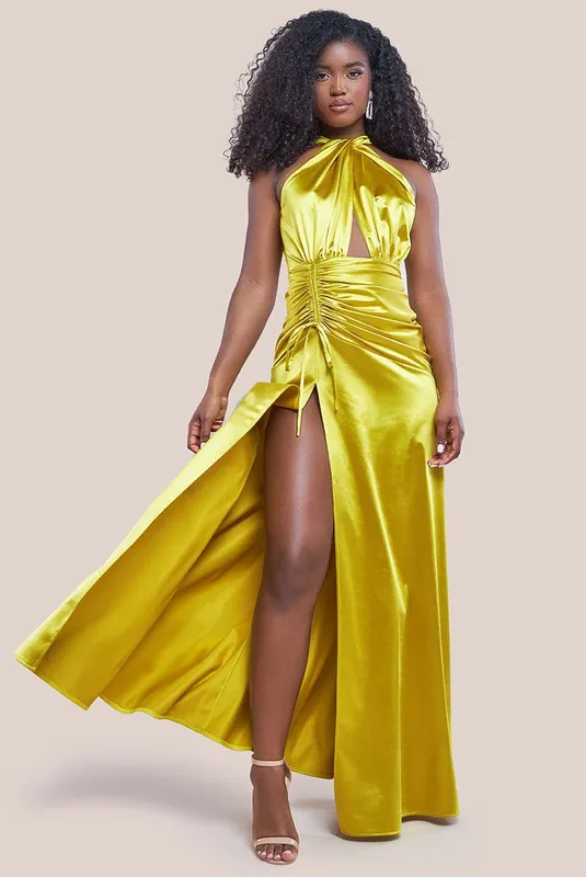 Halter Neck Front Split Satin Maxi Dress - Goddiva