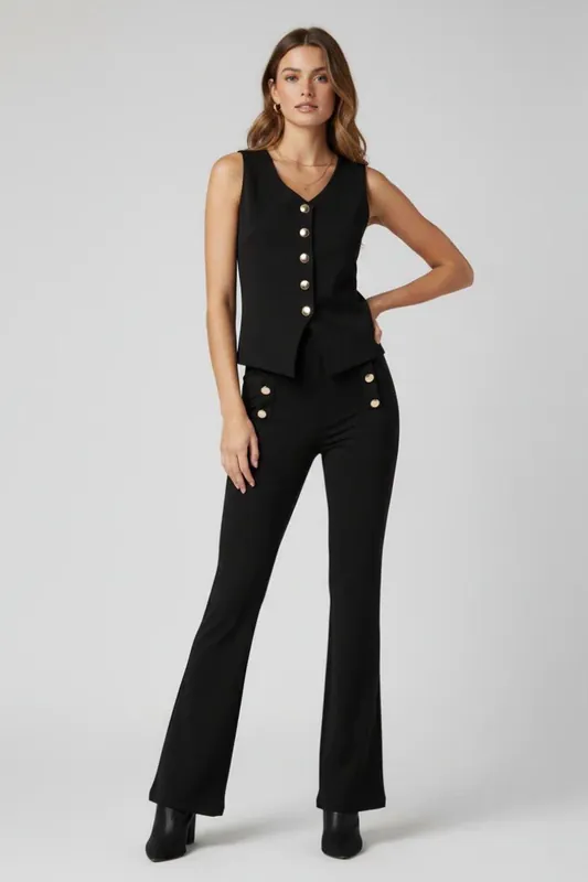 Button Waistcoat Top and Wide Leg Trouser Co-Ord Set