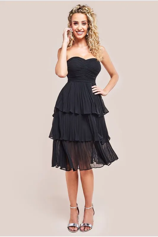 Pleated Bandeau Bodice Chiffon Tiered Midi - Goddiva