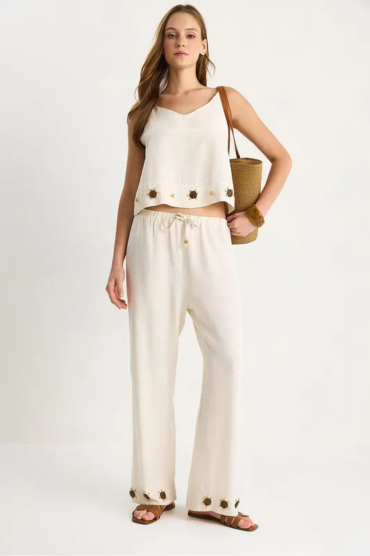 Embroidered V-neck Long Wide Leg Co-ord Set