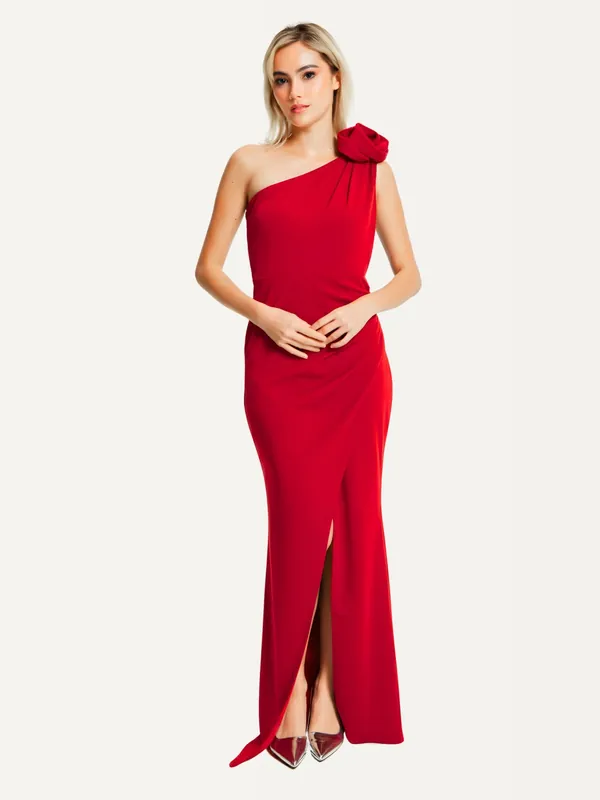 One Shoulder Red Rose Maxi Dress - Liquorish