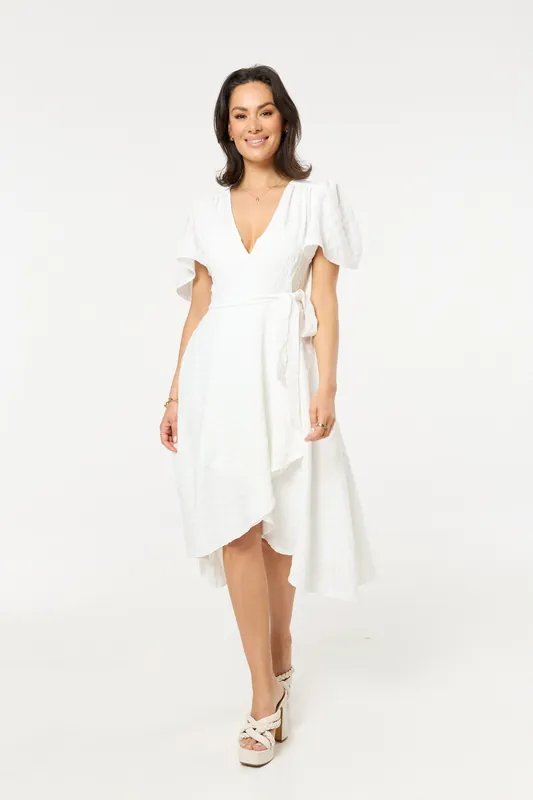 White Wrap Midi Dress with Flutter Sleeves - Liquorish
