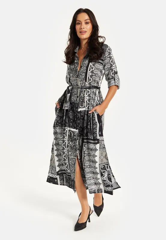 Liquorish Scarf Print Button Through Shirt Dress
