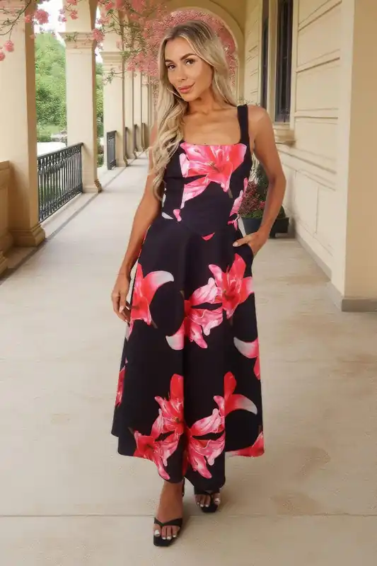 Black And Cerise Floral Print Square Neck A-line Midi Dress