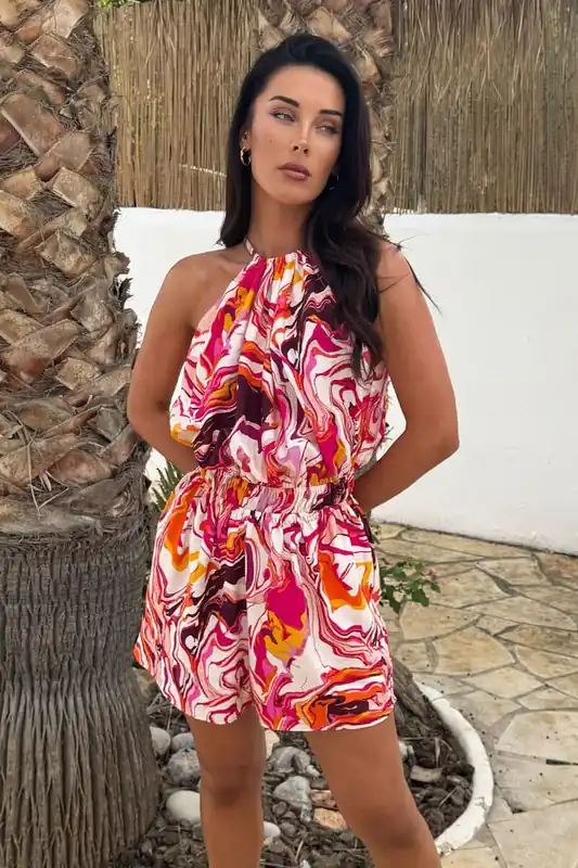 Multi Water Marble Print Tie Racer Neck Shirred Waist Playsuit - AX Paris