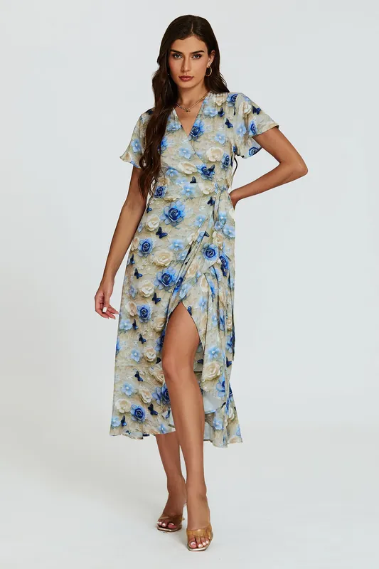 Floral Print Wrap Hem Midi Dress In Beige - FS Collection