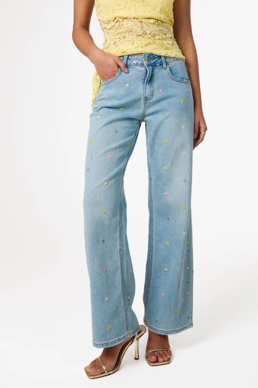 Light Blue Allover Embroidered Flower Wide Leg Jeans - Pink Vanilla
