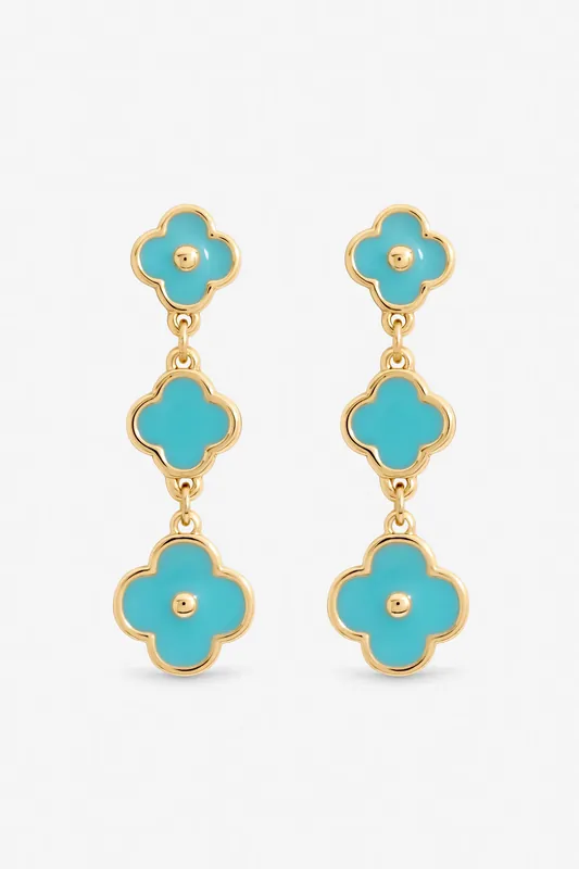 Gold Plated and Turquoise Clover Drop Earrings - Mood
