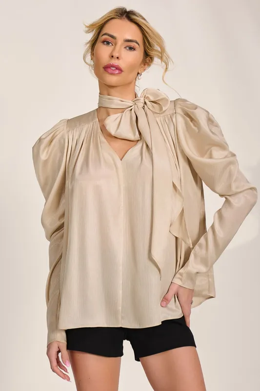 Bow Neck Puff Sleeve Satin Blouse - Jolie Moi