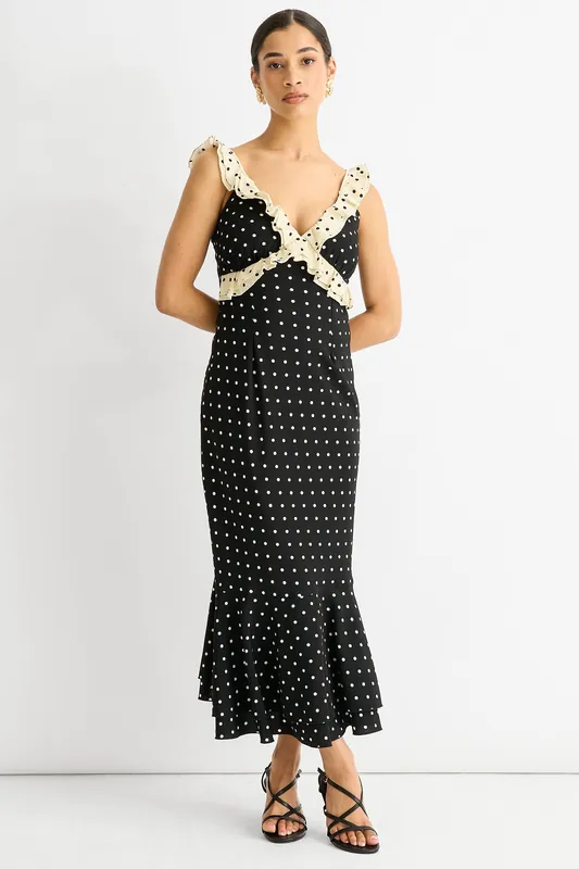 Black Polka Ruched Waist Smock Dress - Gini London