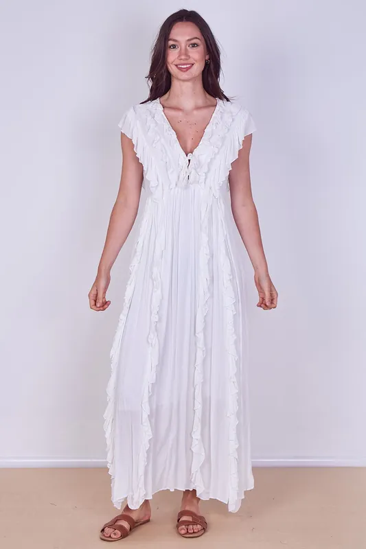 Boho Ruffle Detail Maxi Dress with Tie Neck - ELAINA FASHION