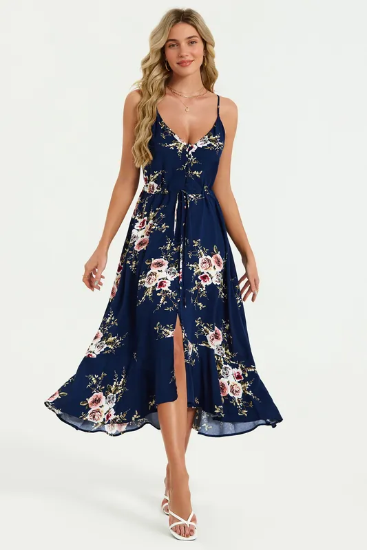 Floral Print Button Down High Low Strappy Dress In Navy - FS Collection
