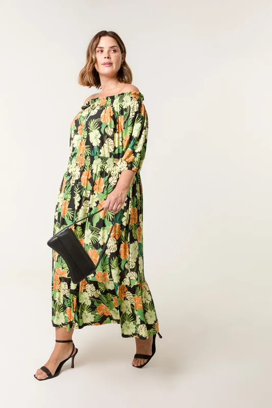 Black Curve Bardot Elasticated Midi Dress - Blue Vanilla