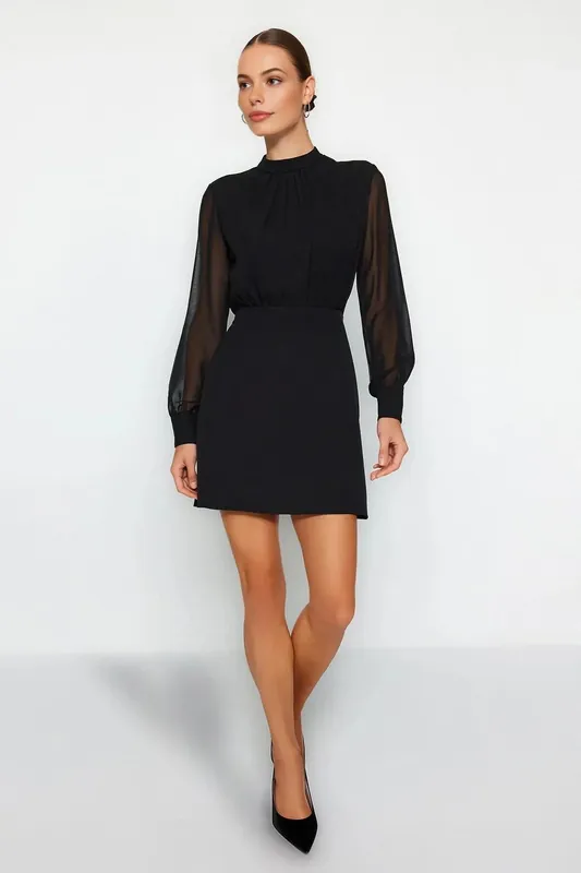 Chiffon Long Sleeve High Neck A-Line Mini Dress