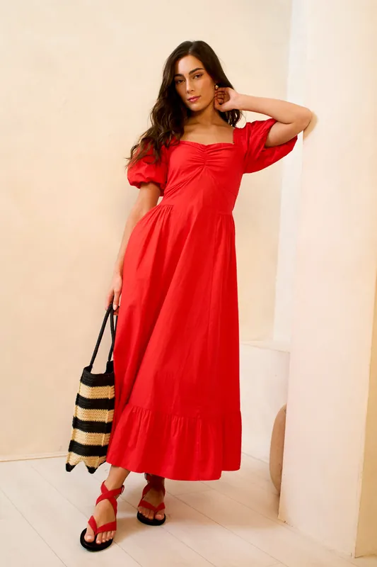 Red Gypsy Puff Sleeves Midaxi Dress - Gini London