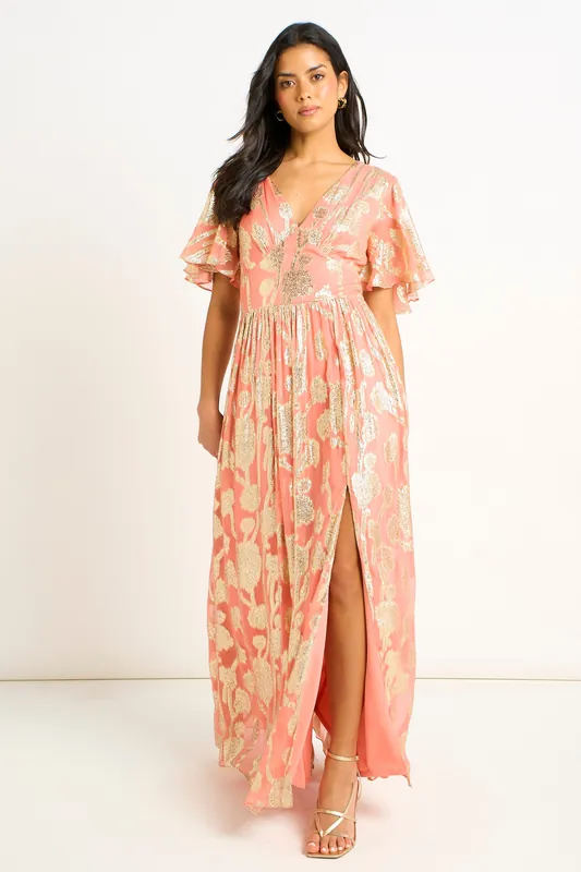 Pink Metallic Jacquard Flutter Sleeves Floral Maxi Dress - Gini London