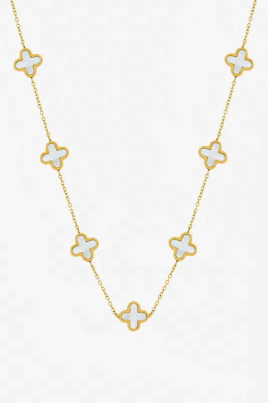 Gold Plated Waterproof Mother of Pearl Clover Station Necklace - Jon Richard