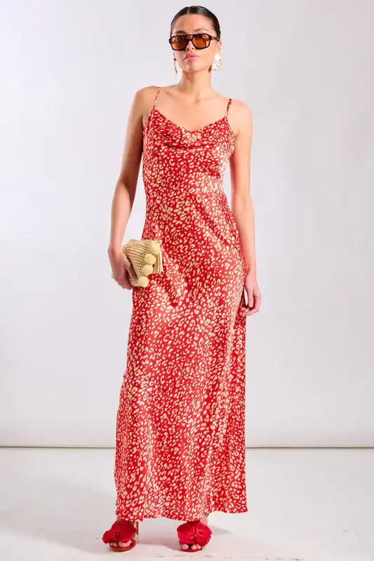 Red Animal Cowl Neck Maxi Slip Dress - Needs No Label