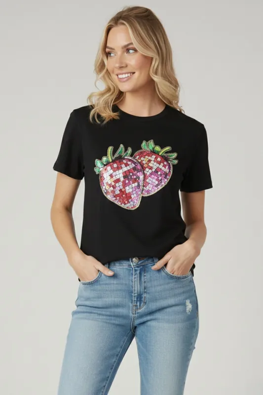 Strawberry Graphic Print - Crew Neck - Short Sleeve T-Shirt