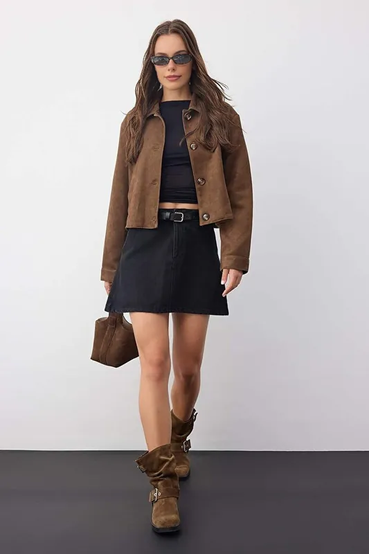 High Waist Denim Mini Skirt with Belt Detail - WOVCOR