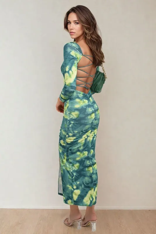 Priscilla Printed Long Sleeve Cross-tied Back Midi Dress