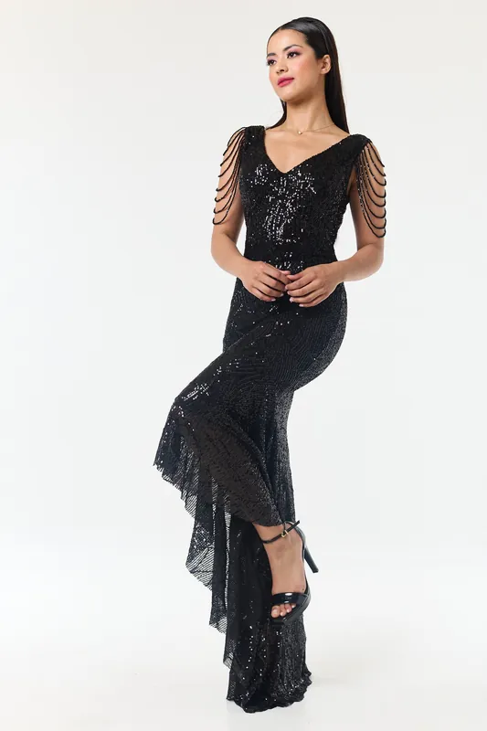 Black Jewelled Hi-Lo Sequin Dress