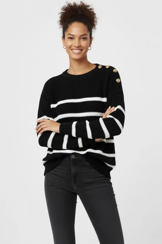 Striped Knitted Jumper with Button Detail - Knitwear