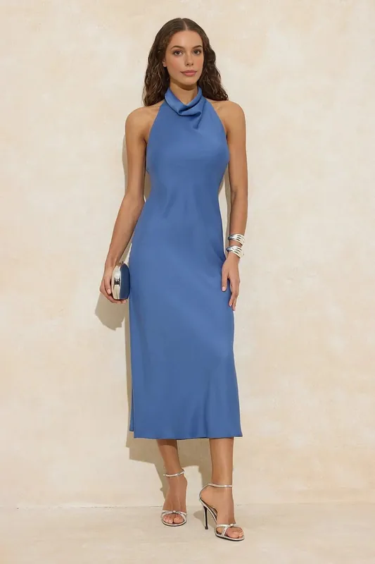 Cowl Neck Halter Satin Sleeveless Midi Slip Dress - WOVCOR