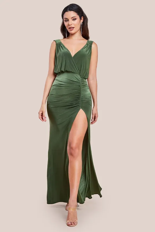 Front Wrap Gathered Maxi Dress - Goddiva