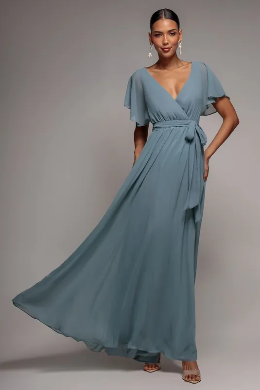 Chiffon Flutter Sleeve Wrap Maxi Dress - Goddiva