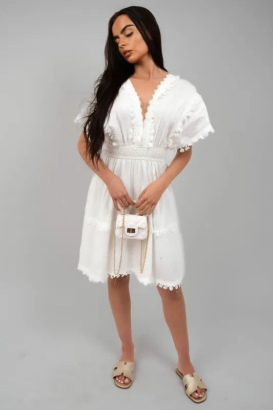 Serina Short Sleeve Deep V-neck Mini Dress With Open Back And Lace