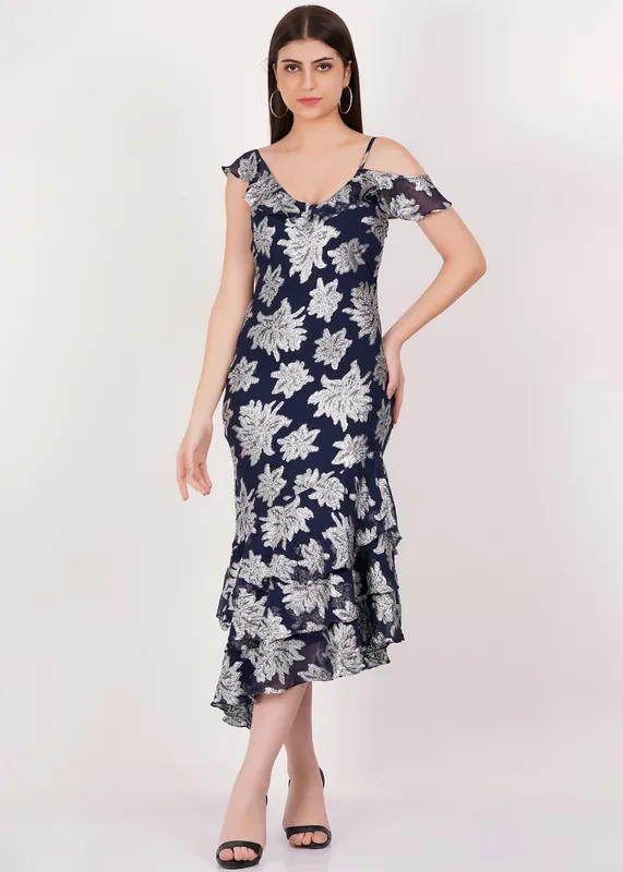 Navy Floral Clipped Tiered Ruffle Midi Dress - Gini London
