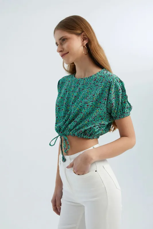 Floral Round Neck Drawstring Crop Top - Hiccup