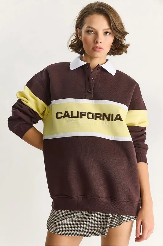 Oversized Printed Polo Collar Sweatshirt - Bianco Lucci