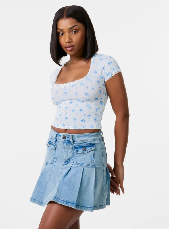 Pointelle Ditsy Print Crop Top - Pink Vanilla