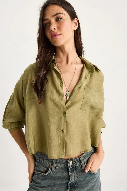 Textured Striped Crop Shirt with Button Closure and Pocket - Bianco Lucci