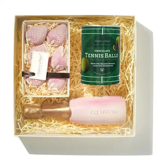 Chocolate Tennis Balls, Bottle And Strawberries Gift Box - CHOC ON CHOC