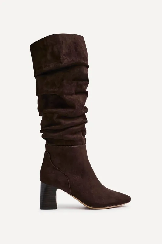 Alpine Dark Brown Faux Suede Ruched Long Boot - Linzi