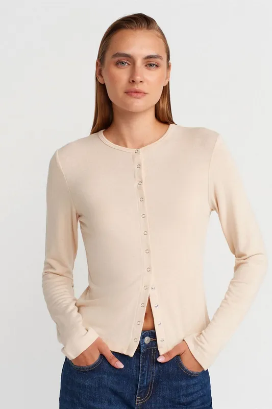 Ribbed Crew Neck Button Cardigan - Dilvin