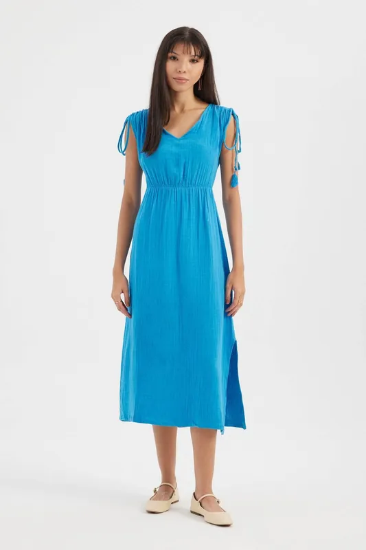 V Neck Side Slit Cap Sleeve Midi Dress with a Tie Detail - Hiccup