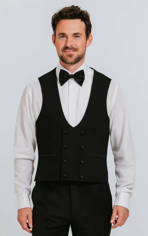 Black Double Breasted 100% Wool Tuxedo Waistcoat - Dobell
