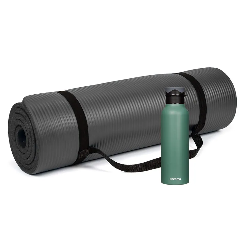 Black Extra Thick 12mm Yoga Mat & 600ml Stainless Steel Water Bottle. - simpa