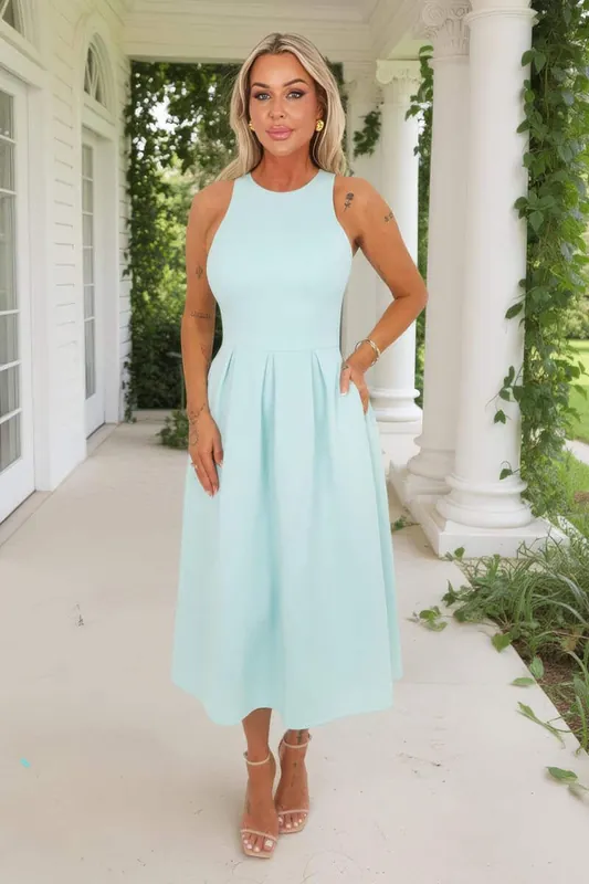 Mint Racer Neck Pleated Skirt Midi Dress - AX Paris