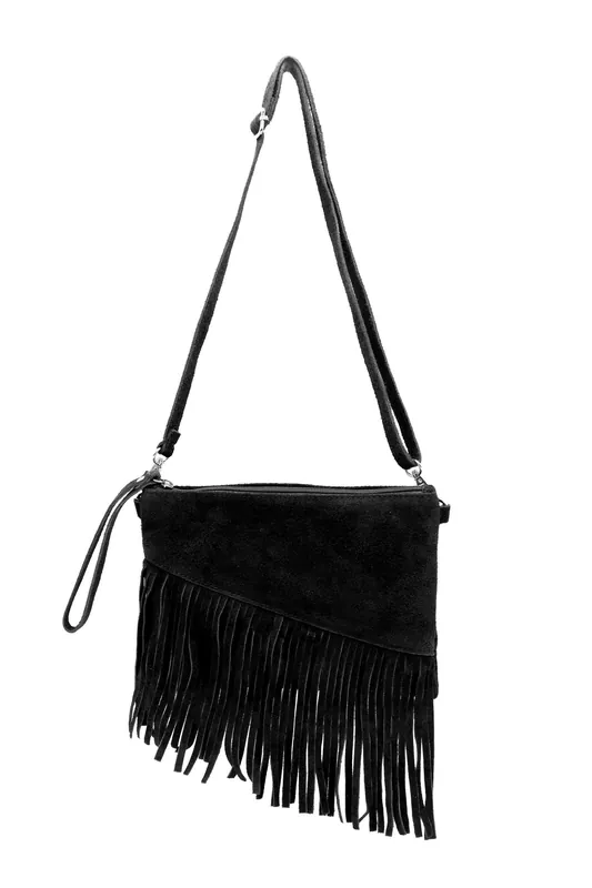 Small Multi-Functional Fringe Italian Suede Leather Wristlet Purse Bag Crossobody Handbag